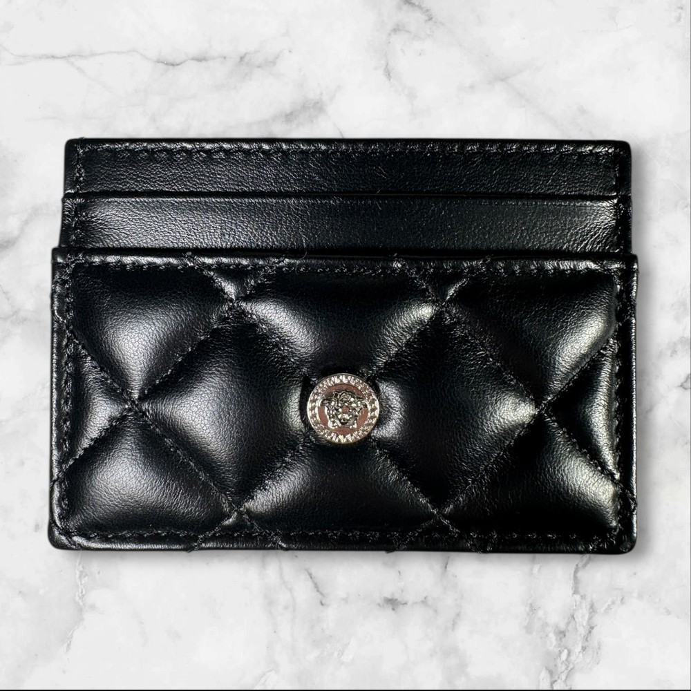 Versace Black Quilted Leather Silver Medusa Card Case Holder