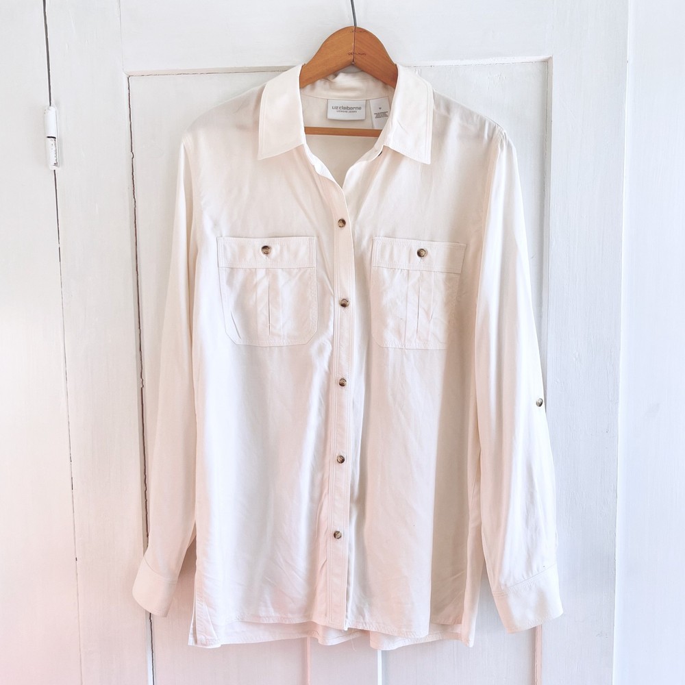 Vintage 100% Silk White Button Down Sz Medium