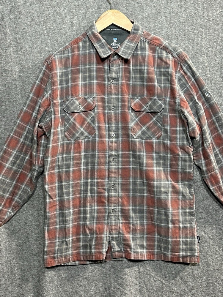 Kuhl Men's Dillingr Flannel Red Grey Plaid Long Sleeve Shirt Cotton Large