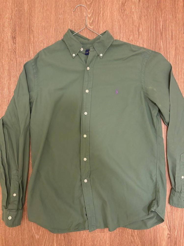Ralph Lauren Men's Casual Button-Down Shirt Solid Green, Long Sleeve, Large