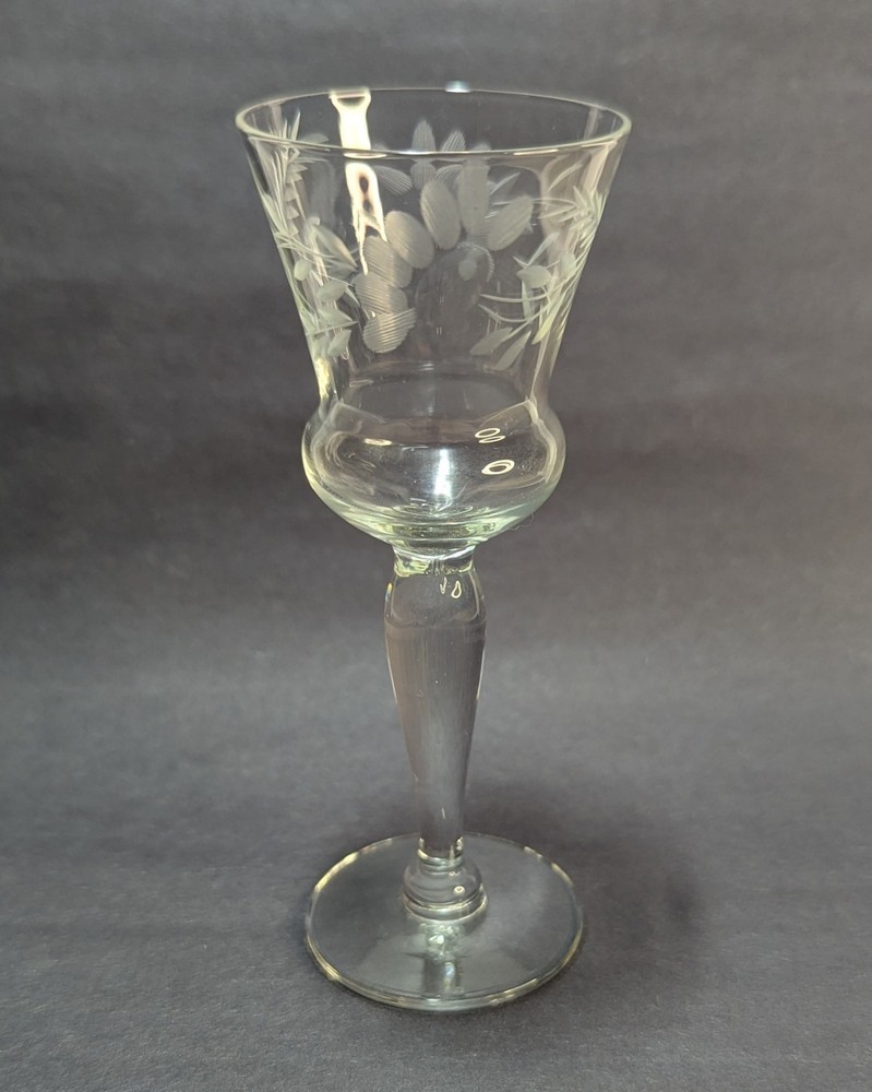 Vintage Tulip Shape Floral Clear Cordial Absinthe Glass Etched Partial Flowers-image