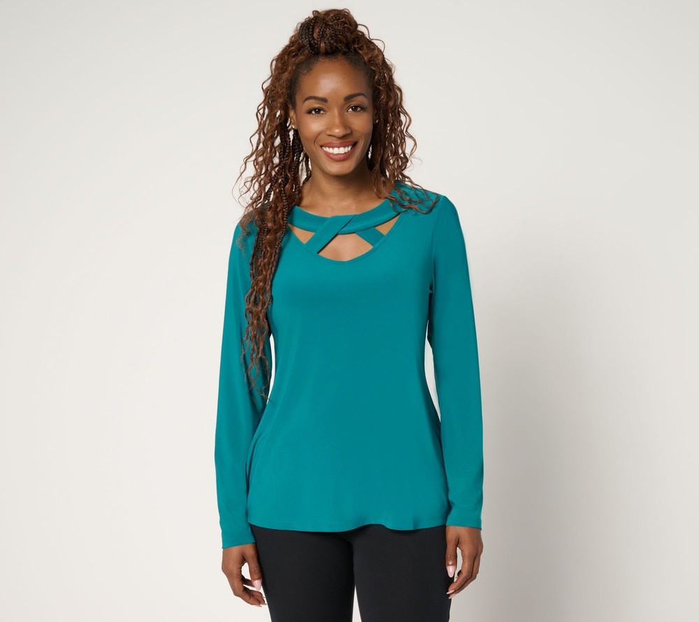 Women Control Women's Top Sz L Como Jersey Crossover Neck Green A699521