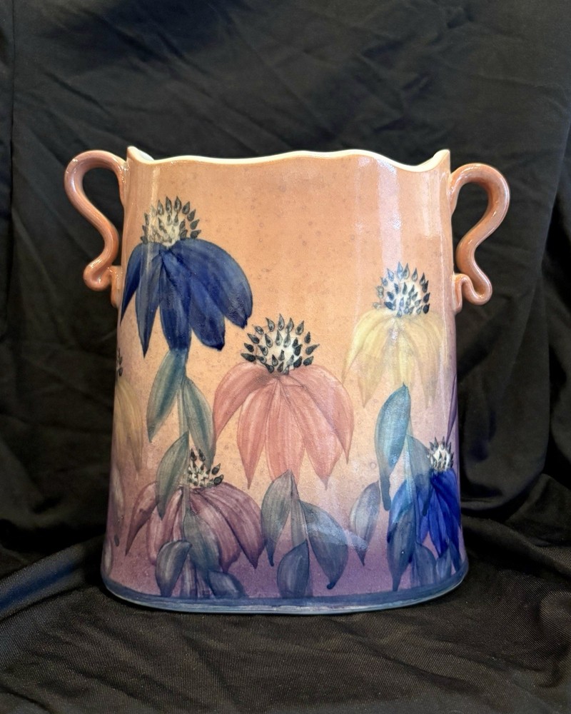LINDEN HILLS POTTERY Art Vase Cone Flowers Hand Painted Orange Peach Purple LHP
