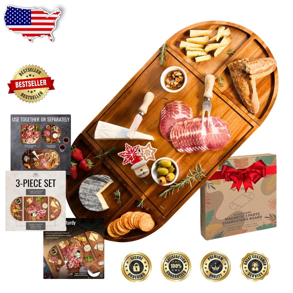 Acacia Magnetic 3-Part Charcuterie Board Gift Set 26x13 Serving Platter-image