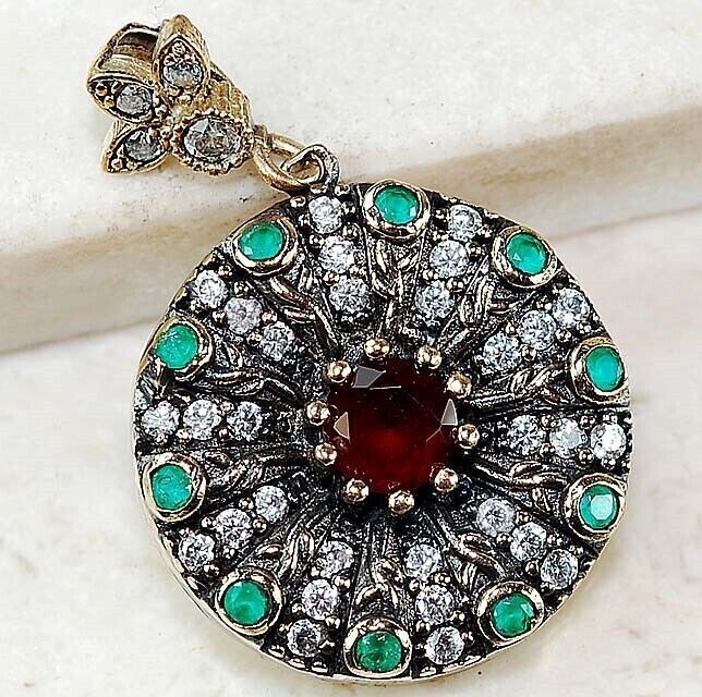 3CT Garnet & Treated Emerald Ottoman Empire Inspired 925 Sterling Silver Pendant Z1-4 for Elegant Jewelry