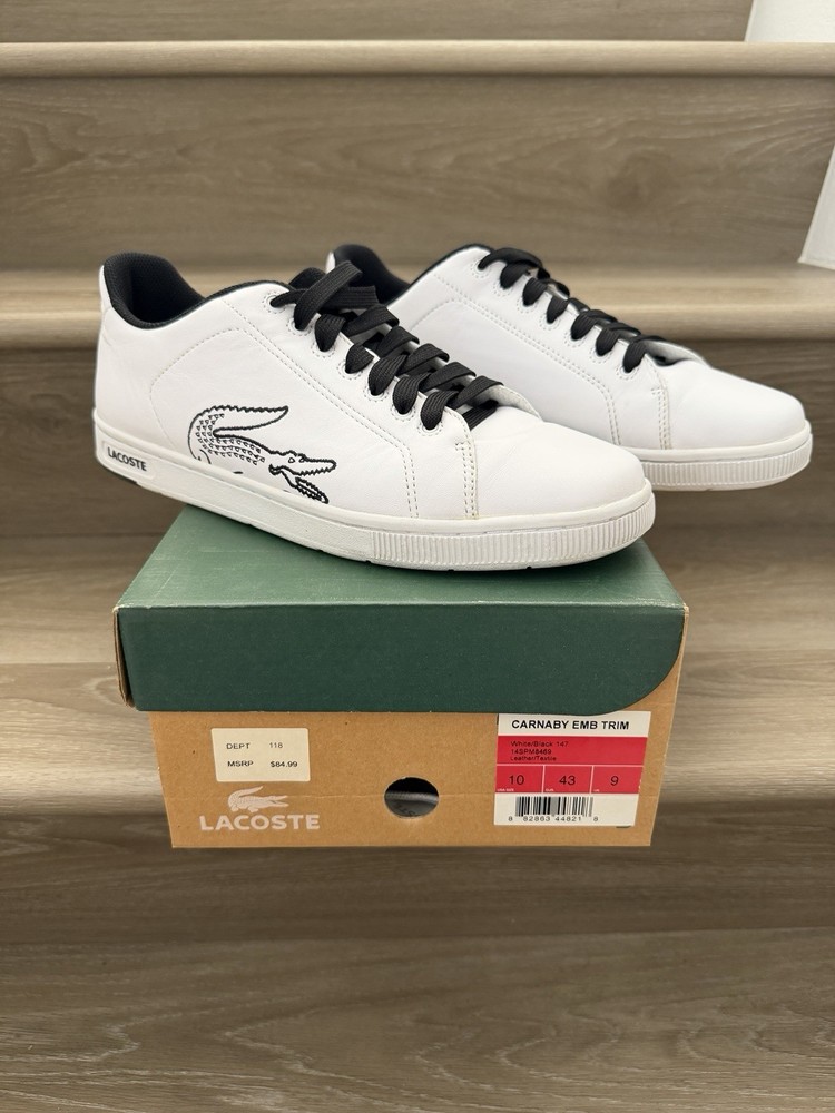 Lacoste Carnaby EMB Trim Men's Size 10 Sneakers Lace-Up Shoes White/Black