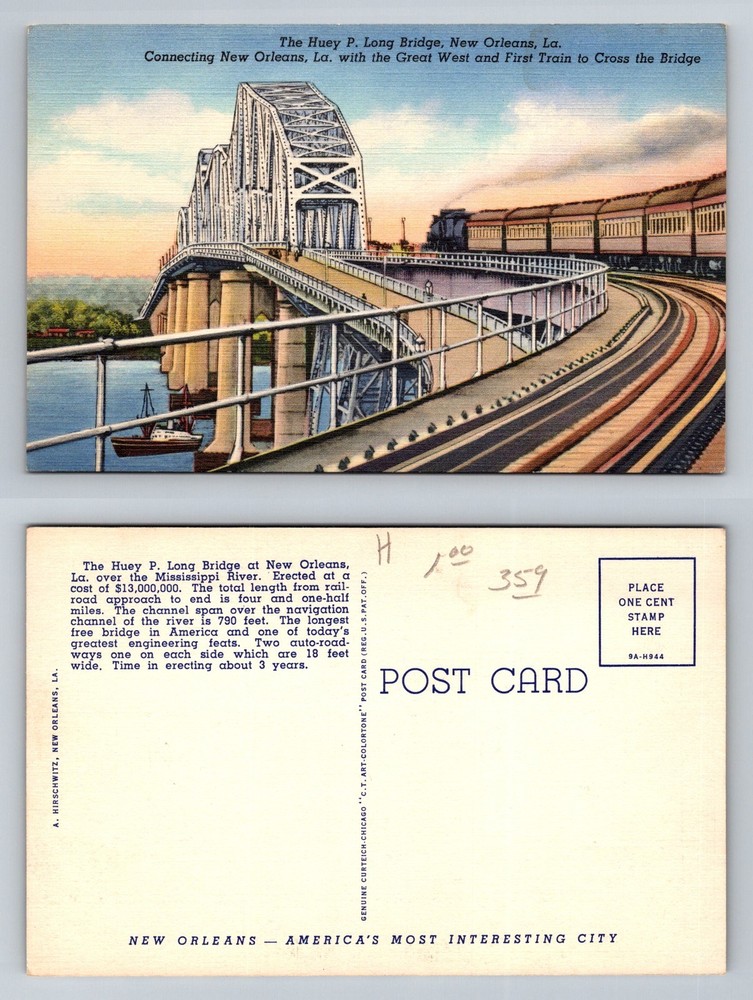 New Orleans, LA-Louisiana, Huey P Long Bridge Train River Vintage Postcard
