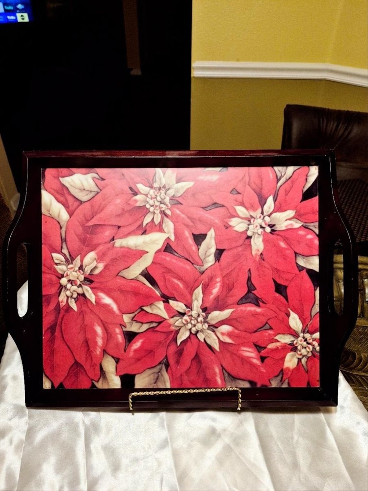 Vintage Poinsettias Serving Tray in a Dark Wood Finish