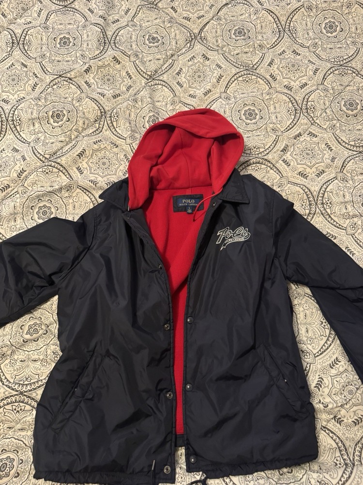 Polo Ralph Lauren Men's Navy Red Hooded Jacket Logo Snap Closure Size L