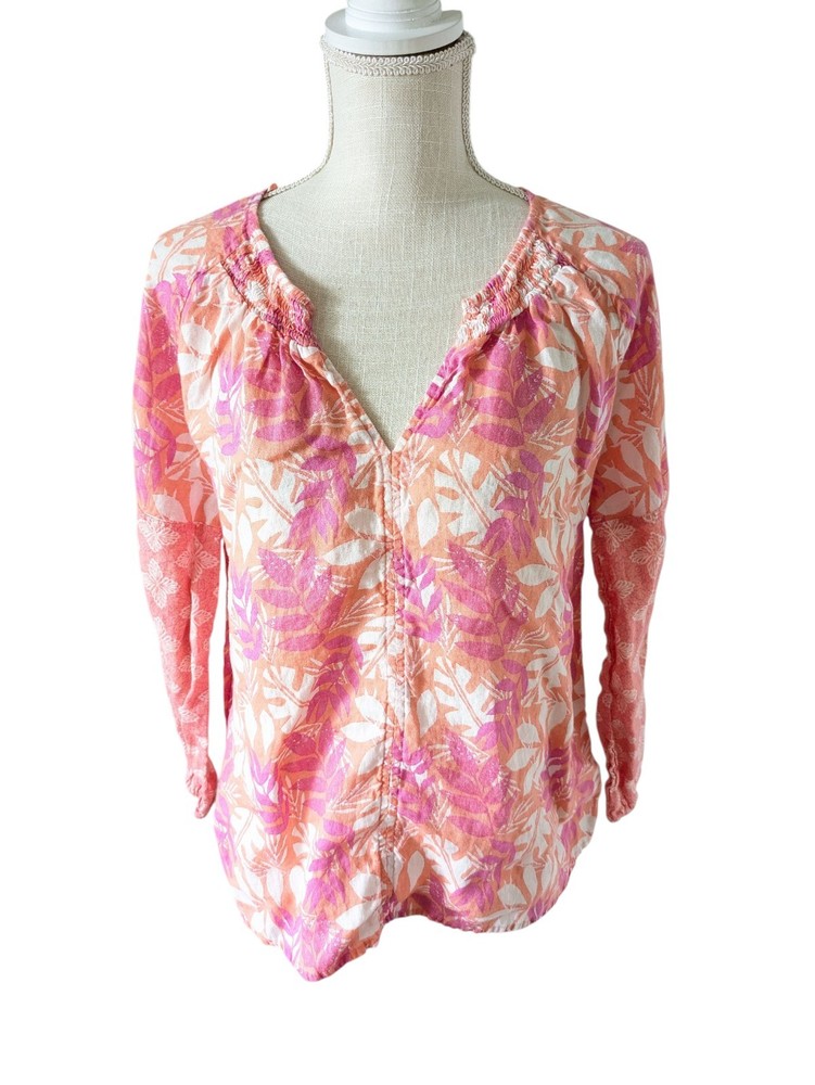 Sigrid Olsen Linen Top Floral Pink Orange Long Sleeve Blouse Women's Size Small
