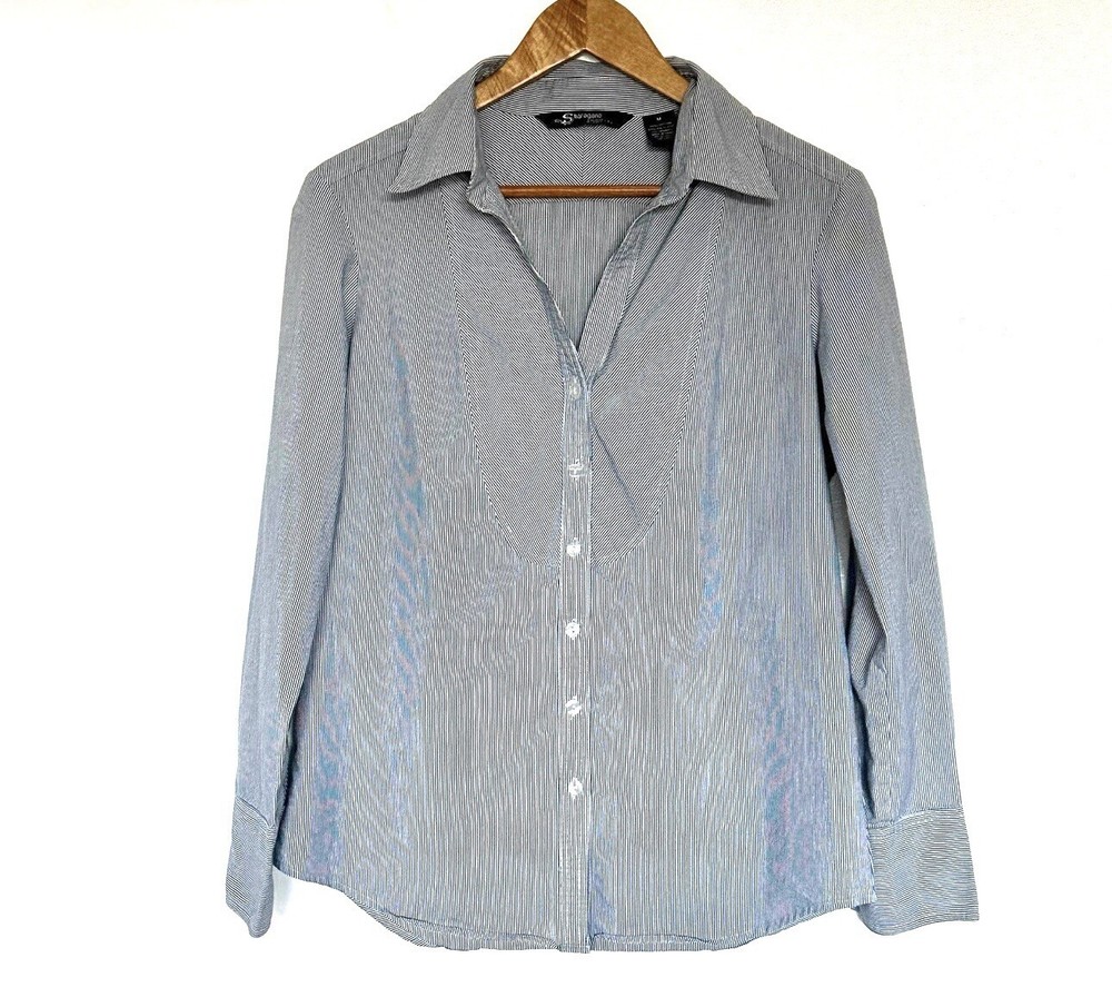 Sharagano Women’s Shirt Medium Blue White Striped Button Up Long Sleeve Top