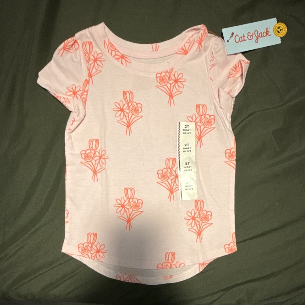 Cat & Jack Girls 2T Pink Orange Floral Flowers Short Sleeve Crew Neck Tee