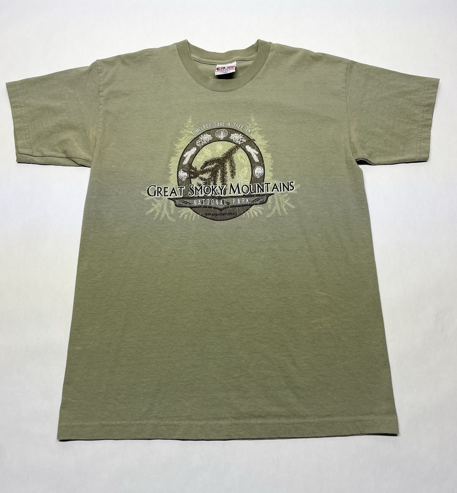 VTG Great Smoky Mountains Green T Shirt L Saved A Tree USA Tennessee 90s Nature