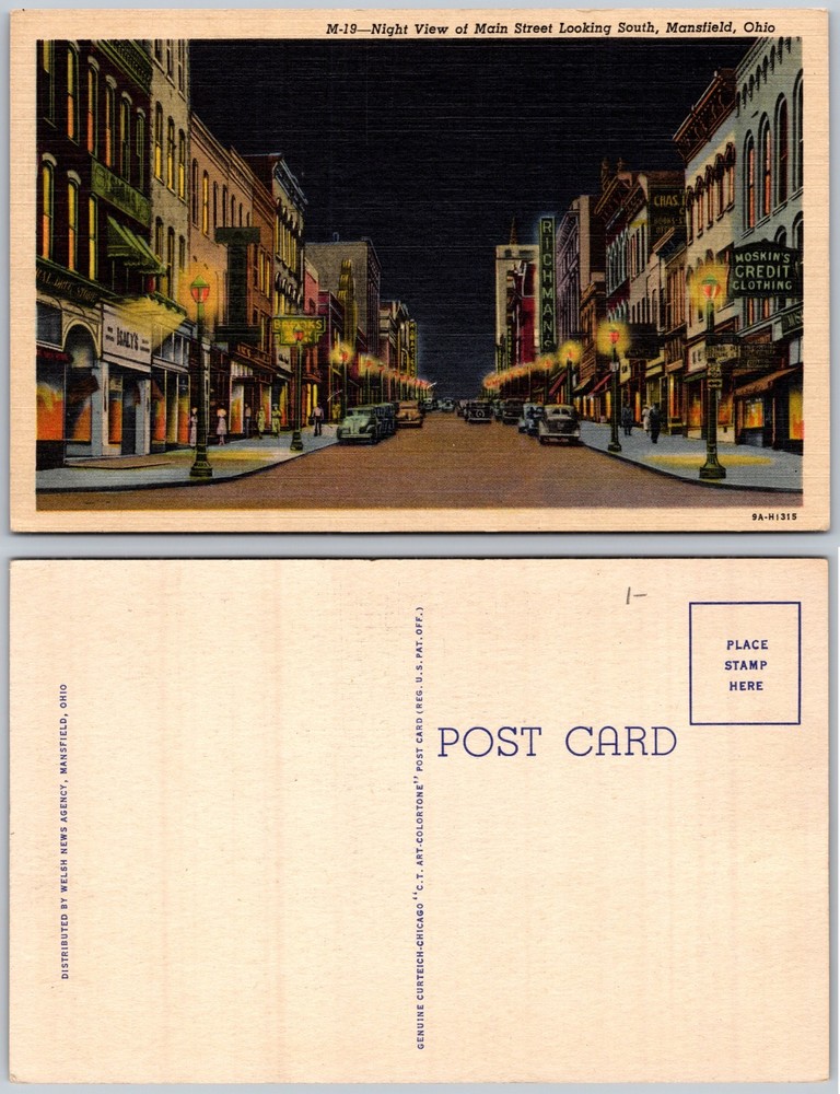 Main Street Night View Mansfield Ohio Postcard
