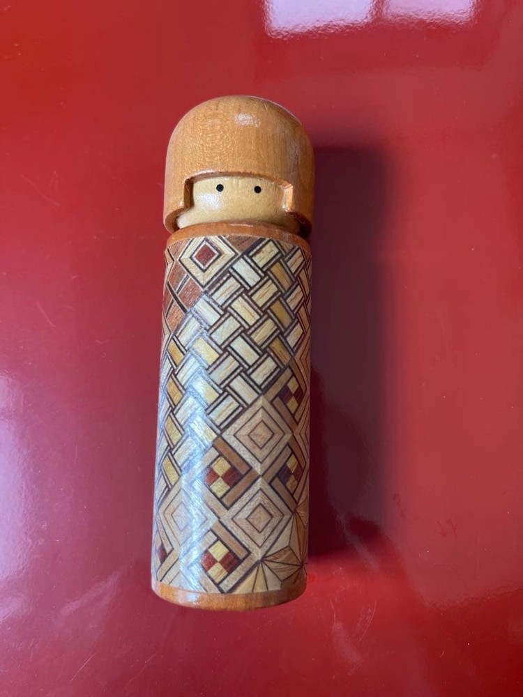 Kokeshi Marquetry Natural Wood Toothpick Holder Geometric Design Used