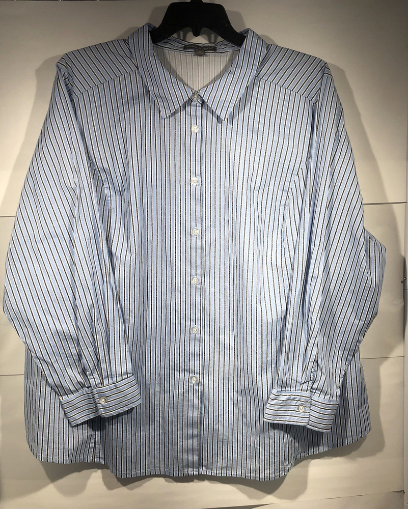 Jessica London Women's Striped Button Down Shirt Stretch Poplin Size 32W Blue