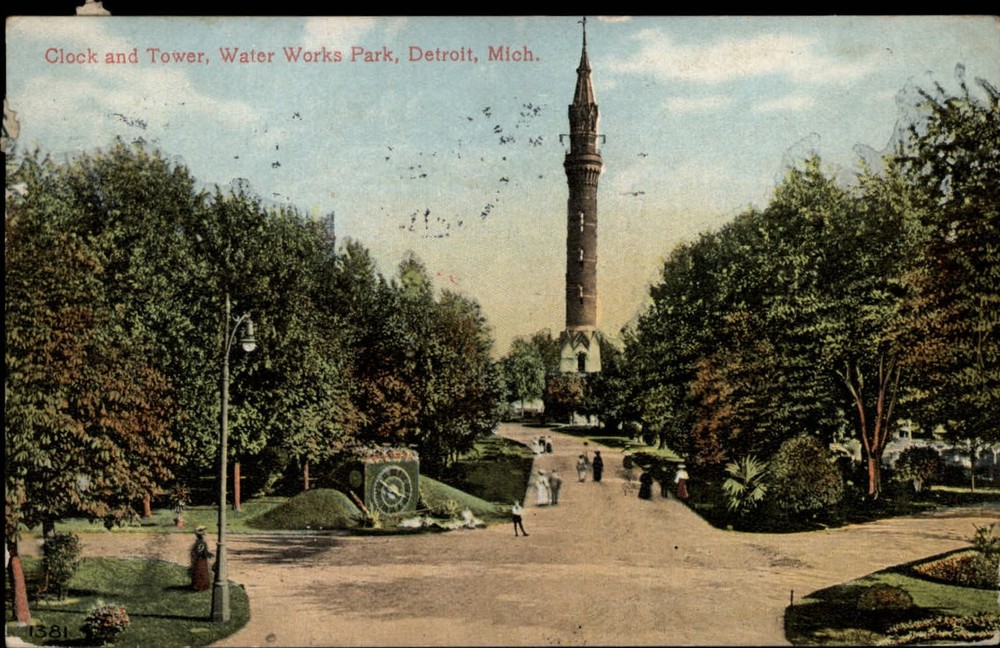 Michigan Detroit Water Works Park Clock Tower ~ 1911 vintage postcard  ~ s9957