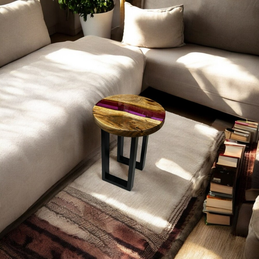 Pink epoxy resin coffee table with natural wood and iron legs handmade art decor