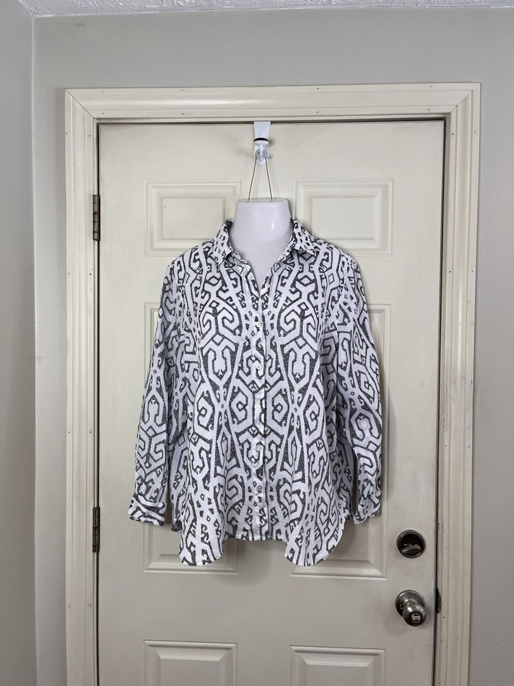 J JILL Womens Button TOP Long Sleeve WHITE Black Love Linen GEOMETRIC Size XLP