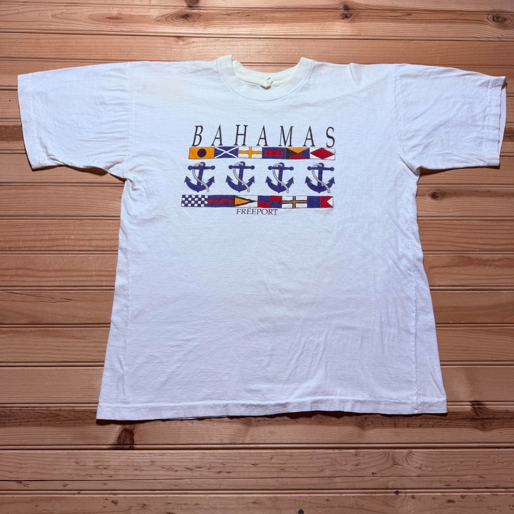 Vintage 90s Bahamas Freeport Nautical Maritime Flag Anchor Graphic T-Shirt Large