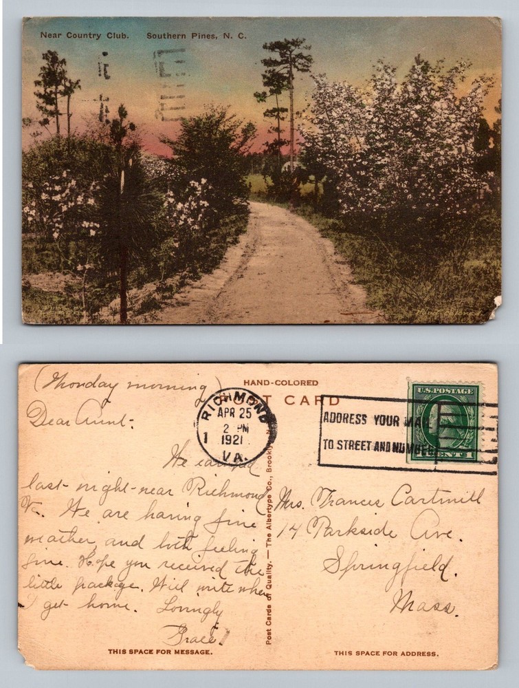 Southern Pines, NC-North Carolina, Country Club Path c1921 Vintage Postcard