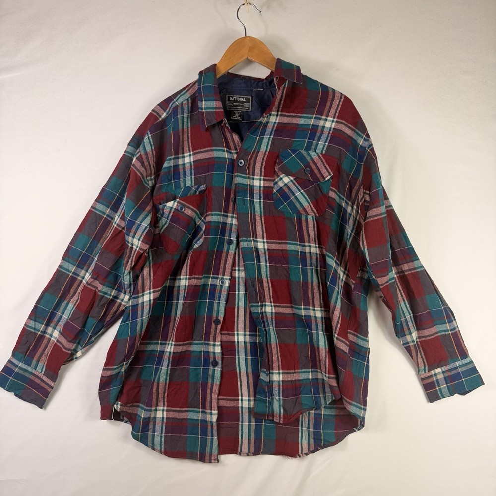 National Outfitters Mens XL Blue Red Plaid Flannel Button Up Heavyweight Shirt