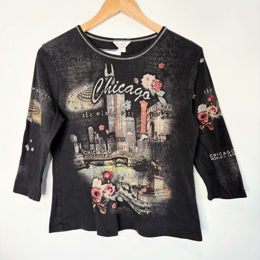 Vintage Christopher & Banks Chicago Rhinestone Y2K Full Graphic Women's L