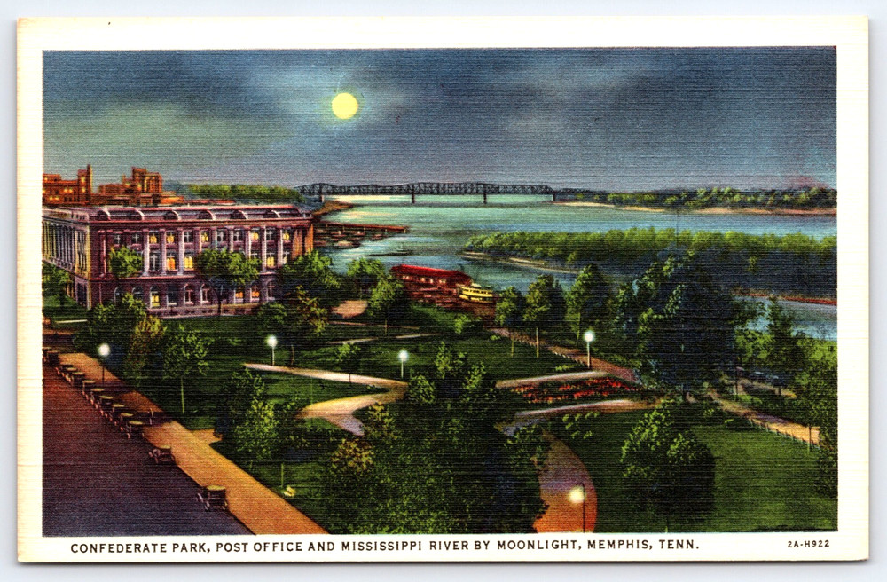 Memphis Tennessee Park Post Office Mississippi River Moonlight Vintage Postcard