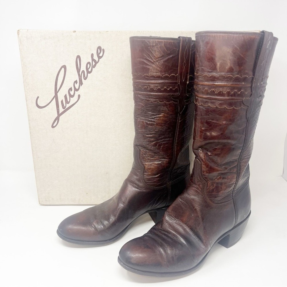 Vintage Lucchese San Antonio Cowboy Boots Size 8.5 Brown Leather