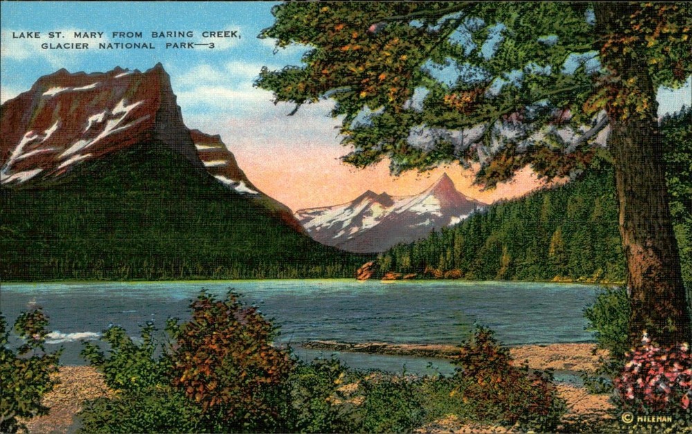Lake St Mary From Baring Creek Glacier National Park Postcard Unposted Linen