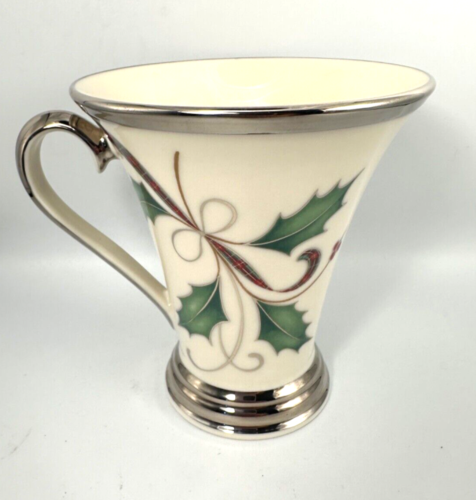 LENOX Holiday Nouveau Platinum Christmas Accent Mug HOLLY Berry Ribbon-image