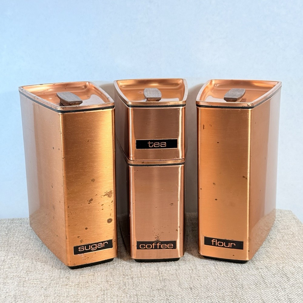 VTG MCM Lincoln Beautyware COPPER SET-4 Kitchen Canisters Metal Wood Lids USA