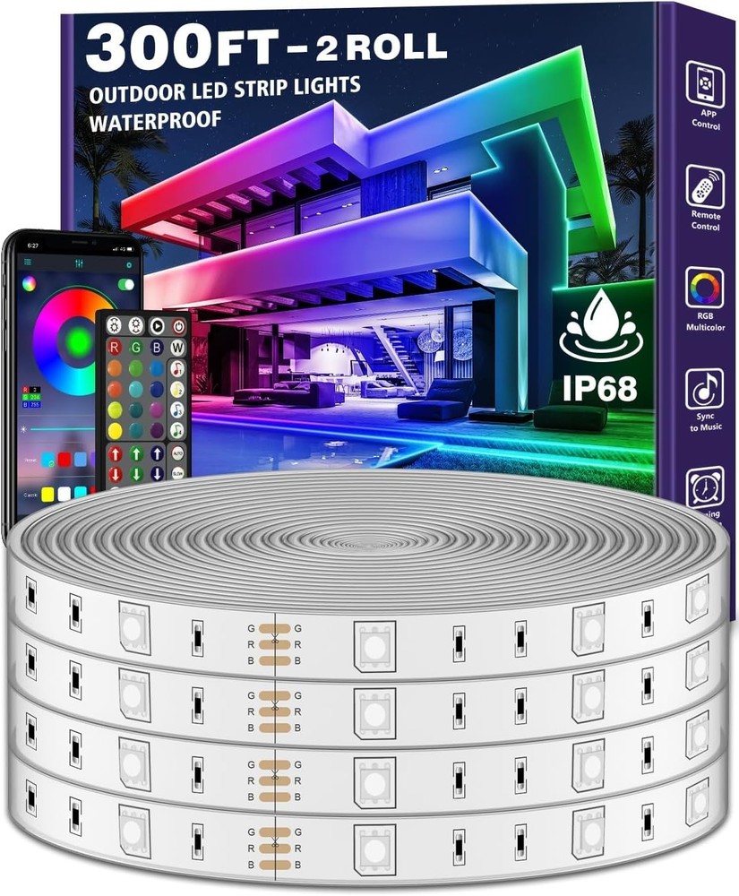 300Ft Outdoor Waterproof LED Strip Lights RGB with Bluetooth App, Remote & Music