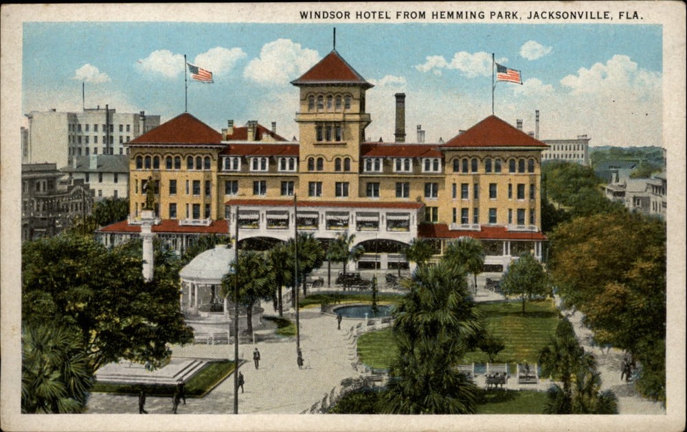 Windsor Hotel Jacksonville Florida flag aerial view ~ 1920s vintage postcard