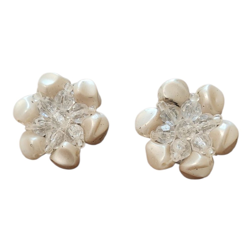 Vintage Germany Clip On Earrings Faux Pearl Beaded Flower Cluster Wedding Bride