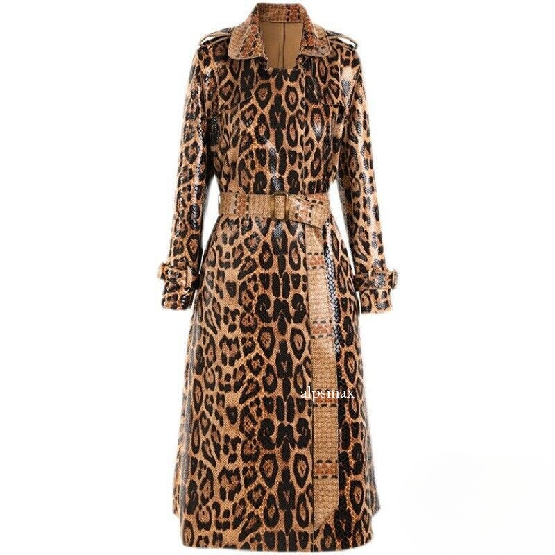 Women's Leopard Print Trench Coats V Neck Belted PU Leather Fall Overcoat Parka