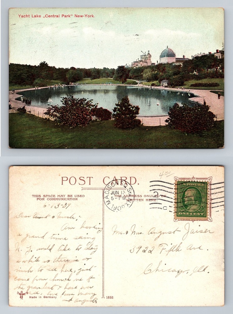 New York City NY, Yacht Lake Central Park Scenic View Vintage Postcard