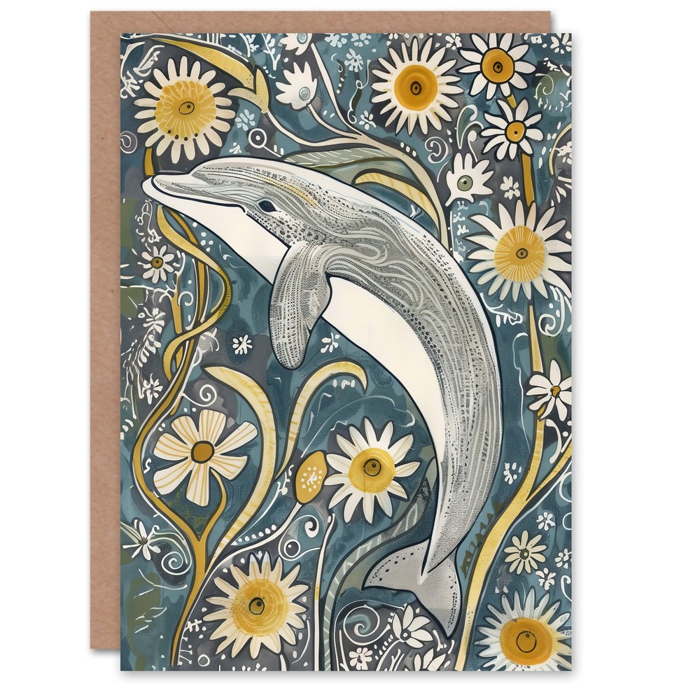 Greeting Card Dolphin Daisy Wildflowers Artwork Quirky Floral Blank Birthday
