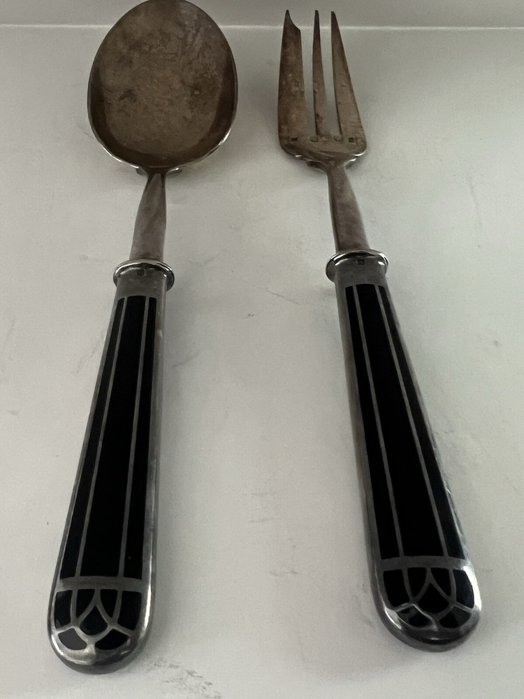 Christofle Silver Saddam Hussein Serving Fork & Spoon Black Enamel Handle 9.75”