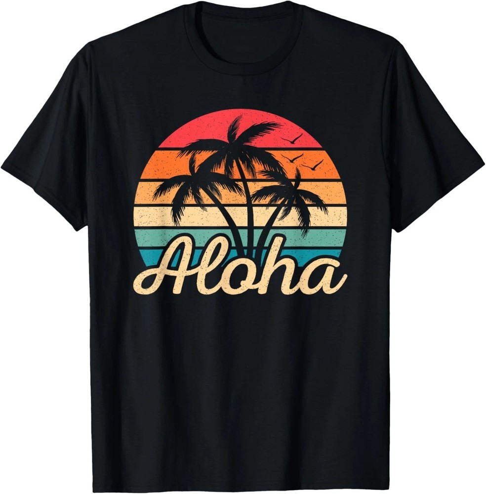 men's Retro Sunset Palm Tree Hawaii Beach Casual Short Sleeve T-Shirt 
