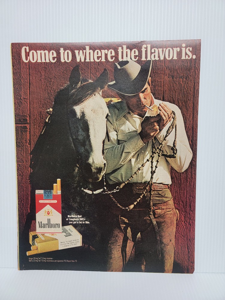 Vintage Marlboro Cowboy with horse at barn 1971 print Ad 11 x 14