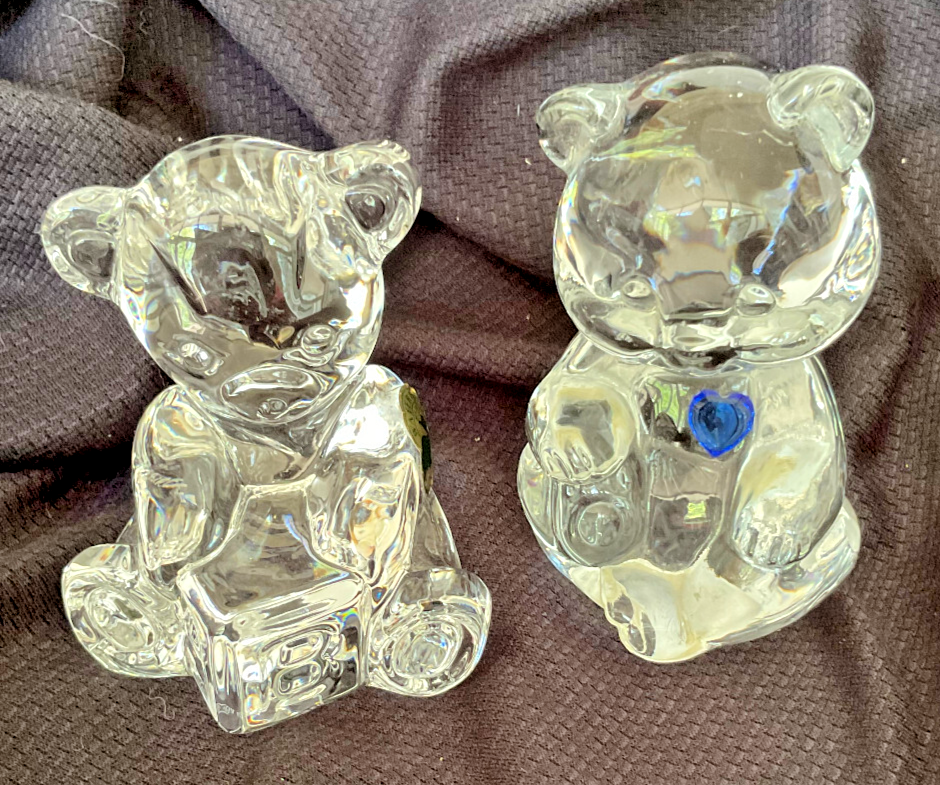 2 Crystal Bear Figurines - Fenton & Waterford with Block & Blue Heart - Vintage Collectibles - See Photos