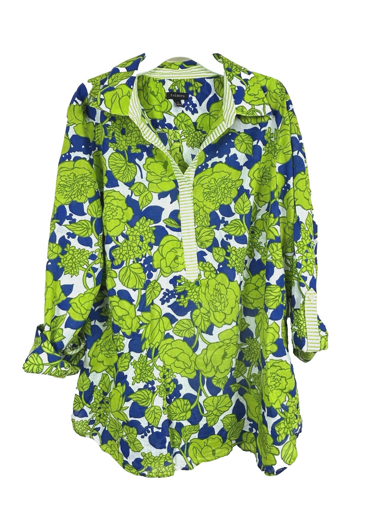 Talbots Top Tunic Large Green Blue Floral Lightweight Long Roll Tab Sleeve