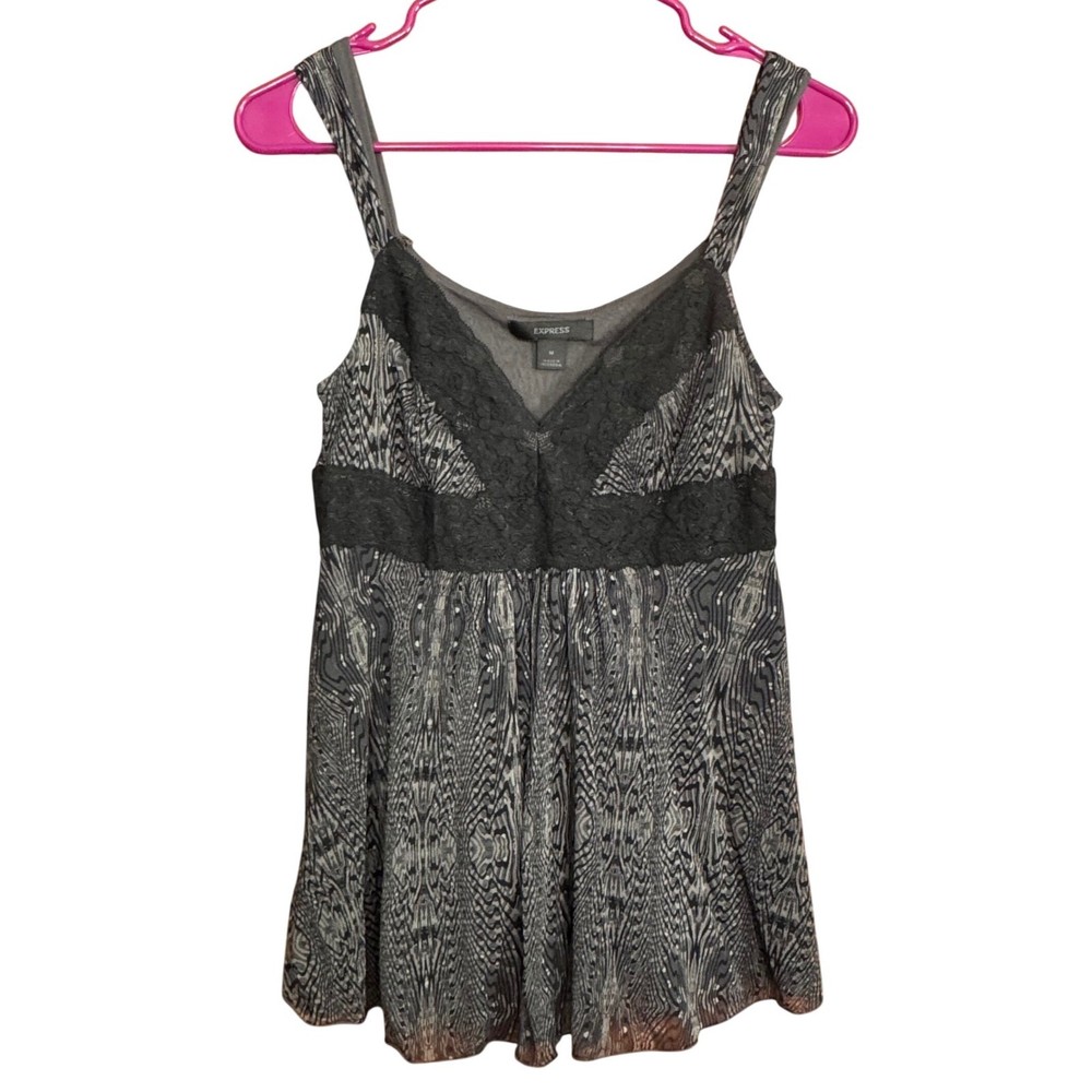 VTG Express Grey Black Abstract Mesh Lace Trim Babydoll Cami Top M Y2K Club Rave