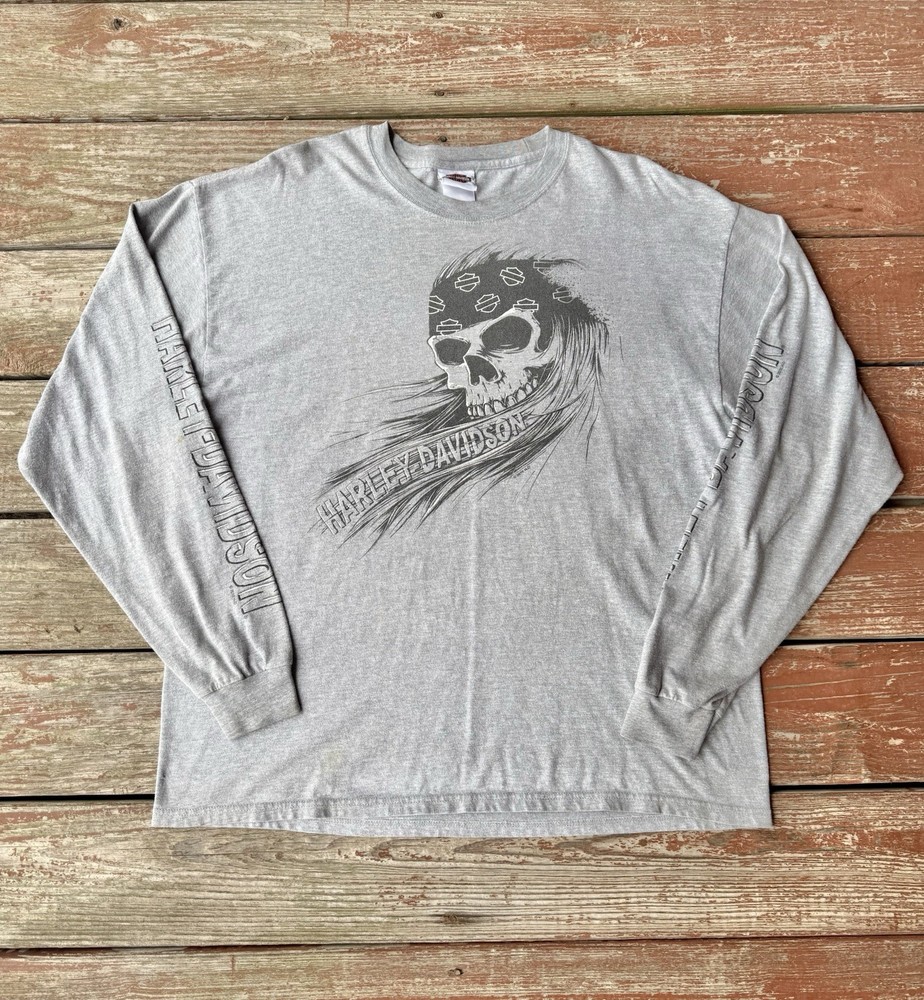Vintage Harley-Davidson Long Sleeve T-Shirt Mens XL Grey Skull Bourbon Street