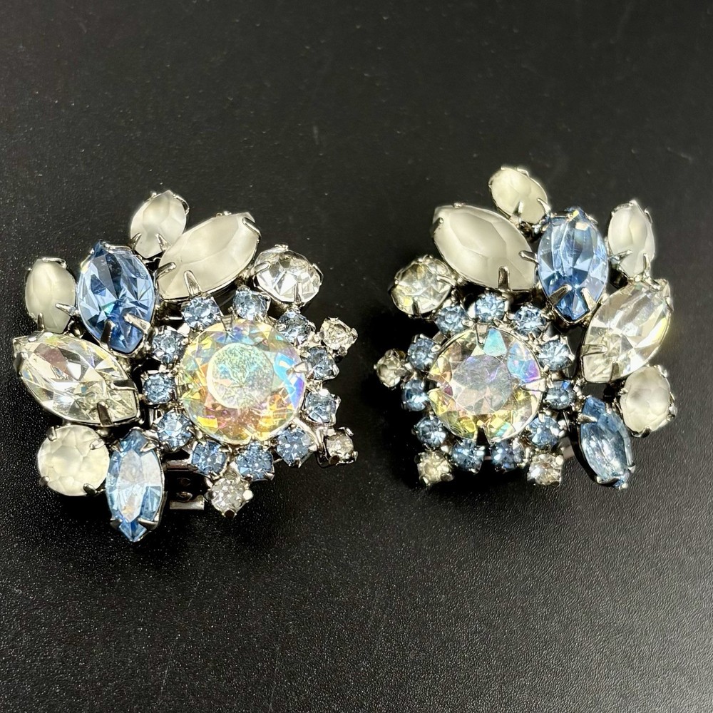 Vintage Silver-tone HOBE Frosted AB Rhinestone Cluster Flower Clip-on Earrings