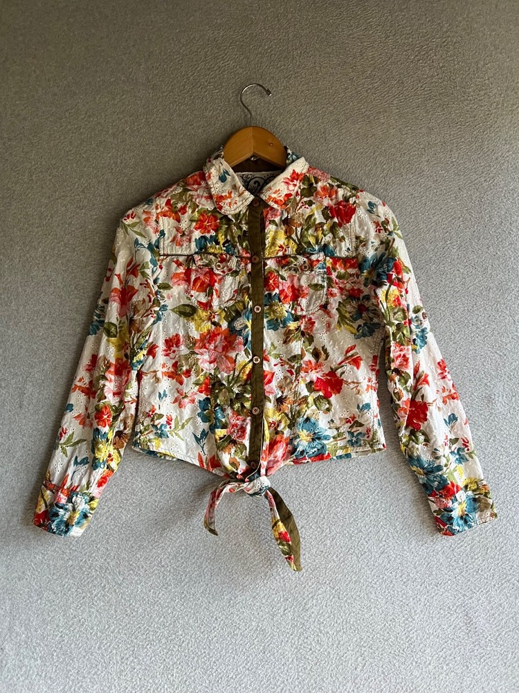 Delicia Crop Top Womens Medium Floral Front Tie Button Up Boho Festival Artsy