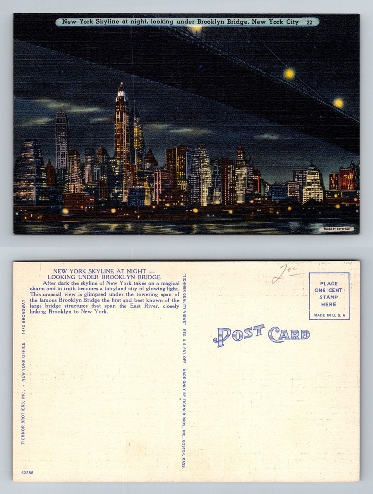 New York City NY, Skyline at Night Under Brooklyn Bridge Vintage Postcard