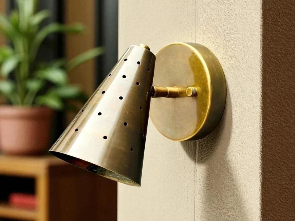 Handcrafted Brass Cone Shade Wall Sconce Mid-Century Modern Wall Light