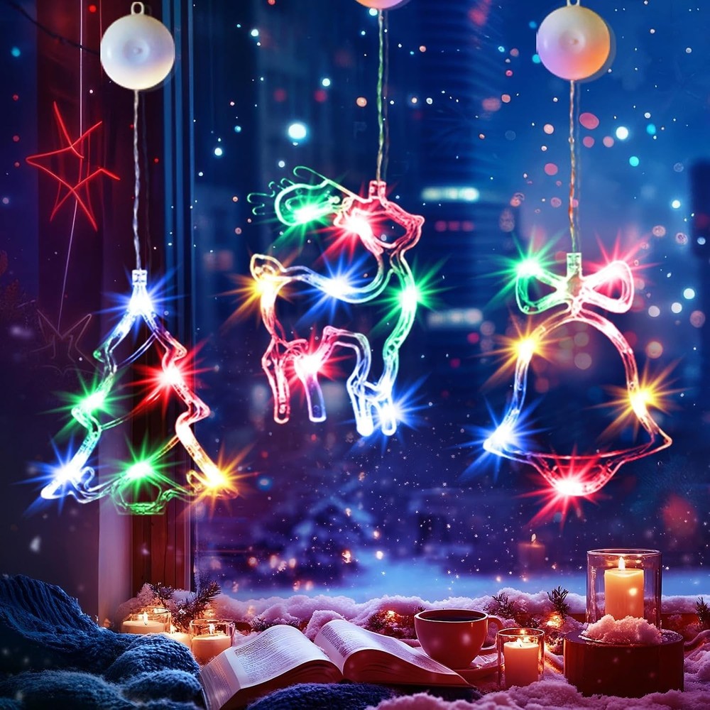 Brightown 3 PCS Lighted Christmas Window Bell-Tree-Deer Multicolor